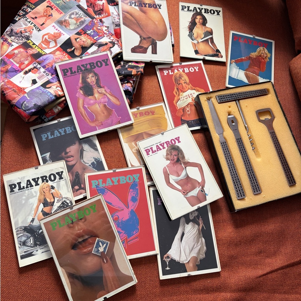Cool 😎 PLAYBOY bar set 60s, shower curtain Y2K and postcards set lot vintage